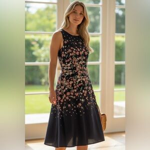 Navy Flower-Print Fit & Flare Dress – Elegant & Lightweight